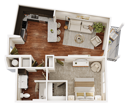 Floor plan for 1 bed, 1 bath, 767 sqft